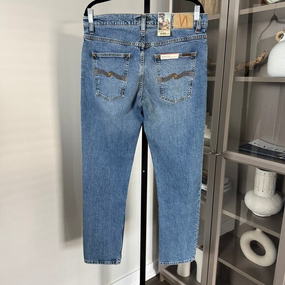 Nudie Solid Ollie Slim Fit Worn Vintage Straight Leg Jeans 32x30 NEW Blue Denim - Picture 5 of 9